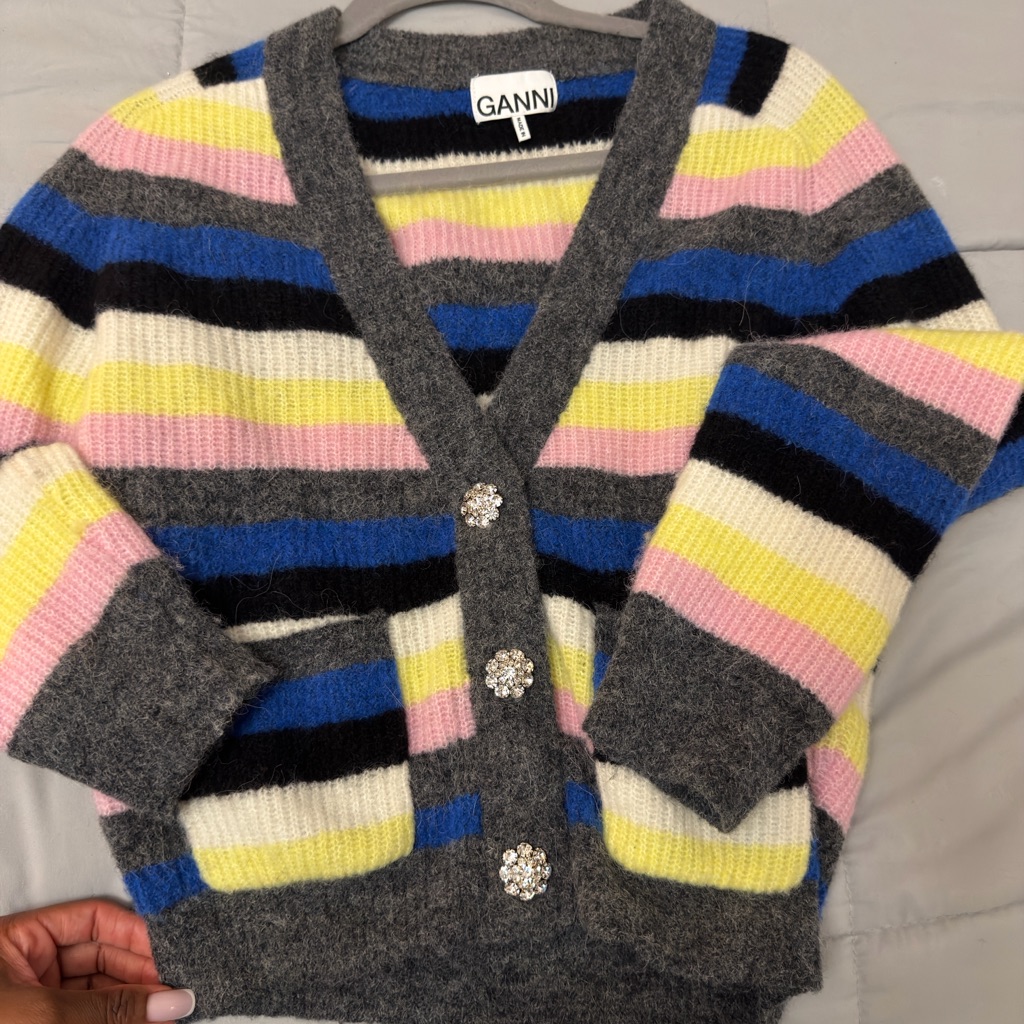 Ganni Gray Striped Cardigan With Blue, Pink & Yellow Accents